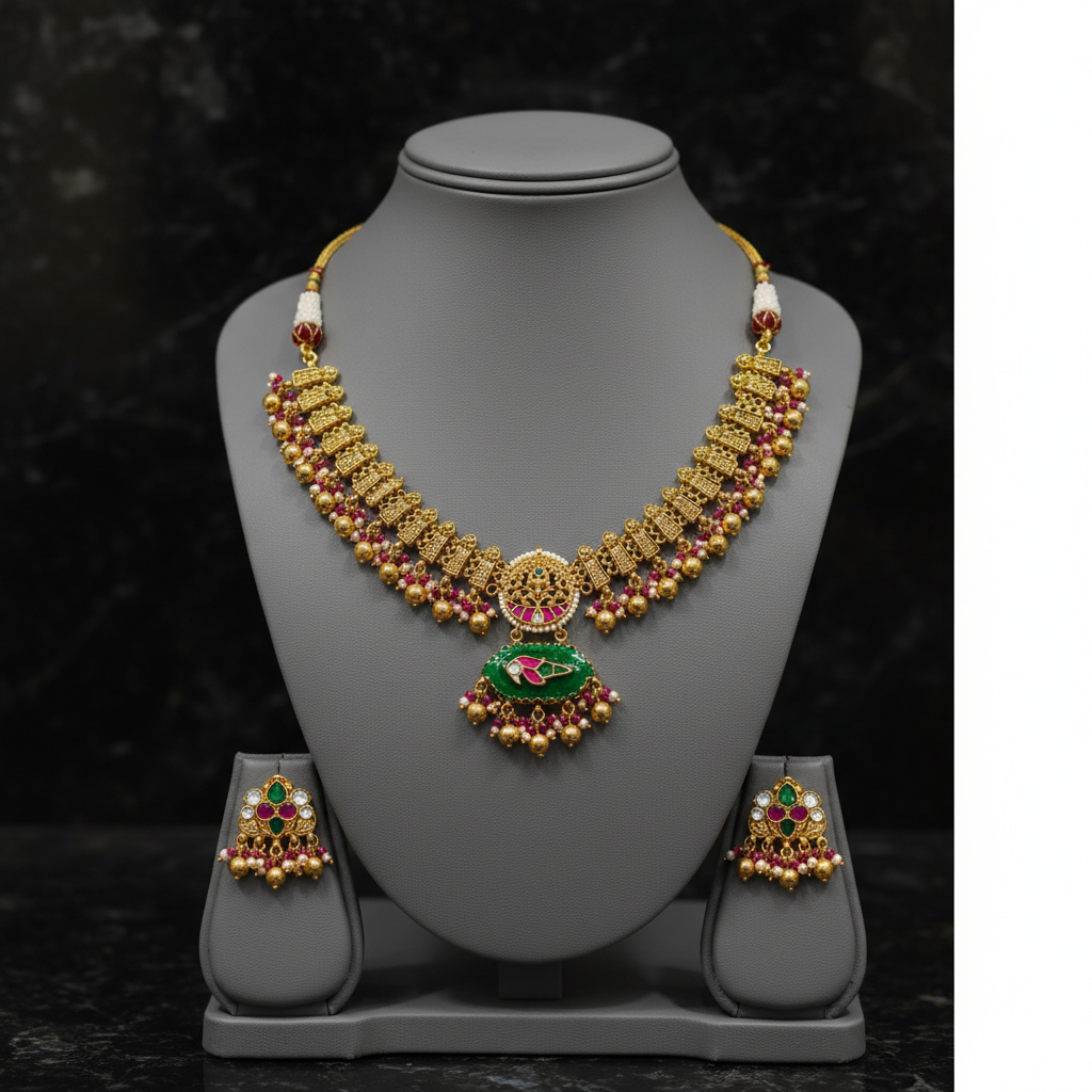 Traditional Gold-Plated Peacock Choker Necklace Set with Ruby and Emerald Accents