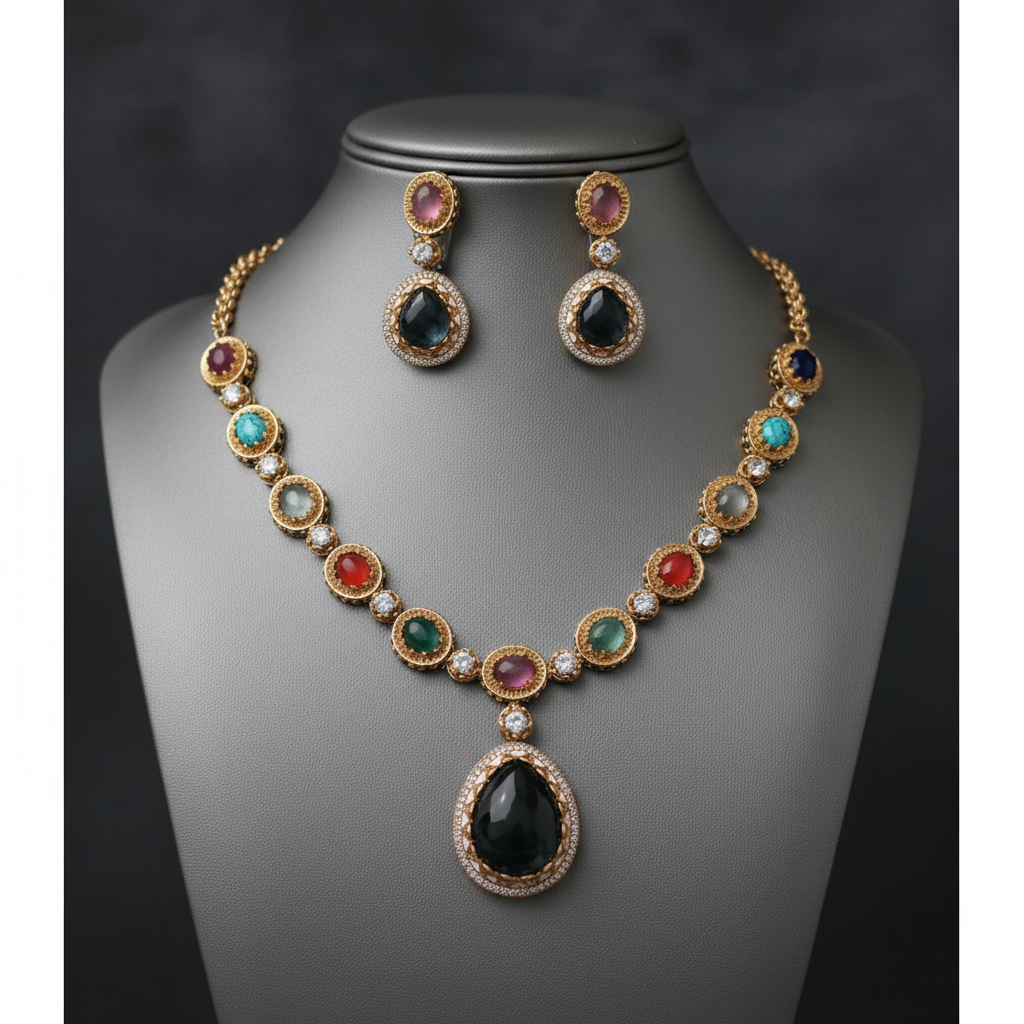 Elegant Multi-Gemstone Gold-Tone Necklace and Earrings Set