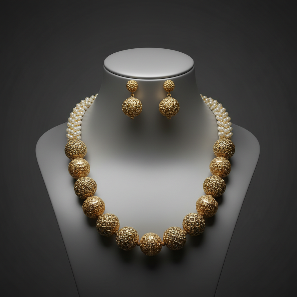 Elegant Gold-Plated Filigree Ball Necklace Set with Pearl Accents