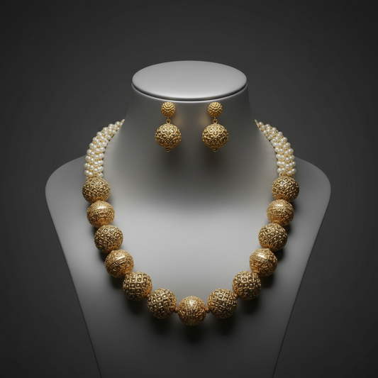 Elegant Gold-Plated Filigree Ball Necklace Set with Pearl Accents