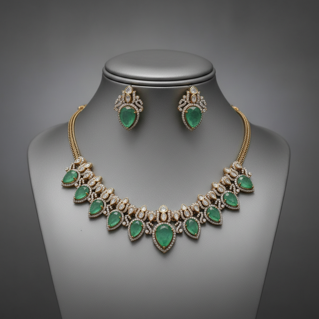 Elegant Mint Green Stone & Kundan Necklace Set with Matching Earrings