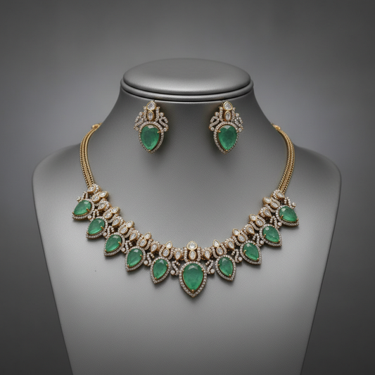 Elegant Mint Green Stone & Kundan Necklace Set with Matching Earrings