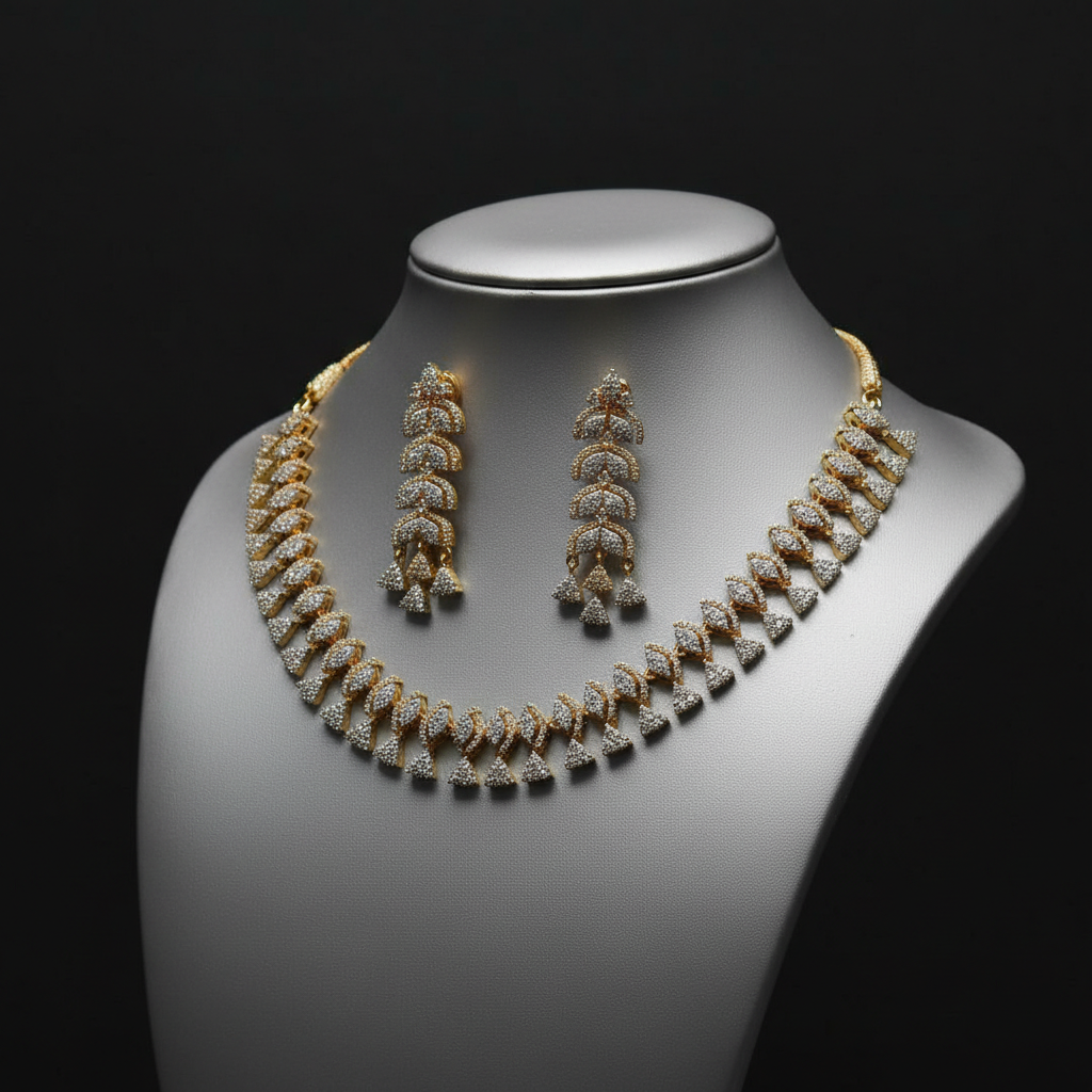 Exquisite Gold-Plated White Stone Studded Necklace and Earring Set