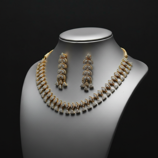 Exquisite Gold-Plated White Stone Studded Necklace and Earring Set