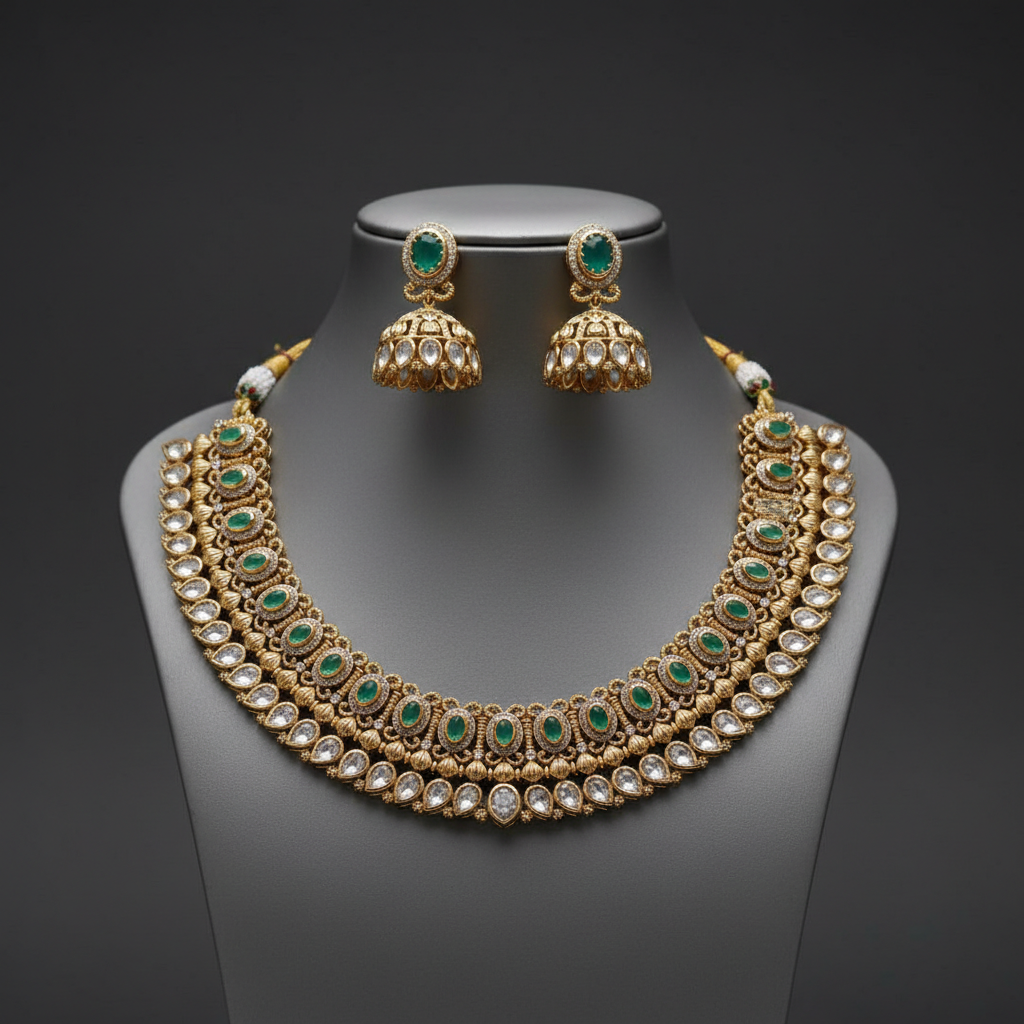 Elegant Mint Green Stone Kundan Necklace Set with Jhumka Earrings