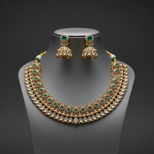 Elegant Mint Green Stone Kundan Necklace Set with Jhumka Earrings