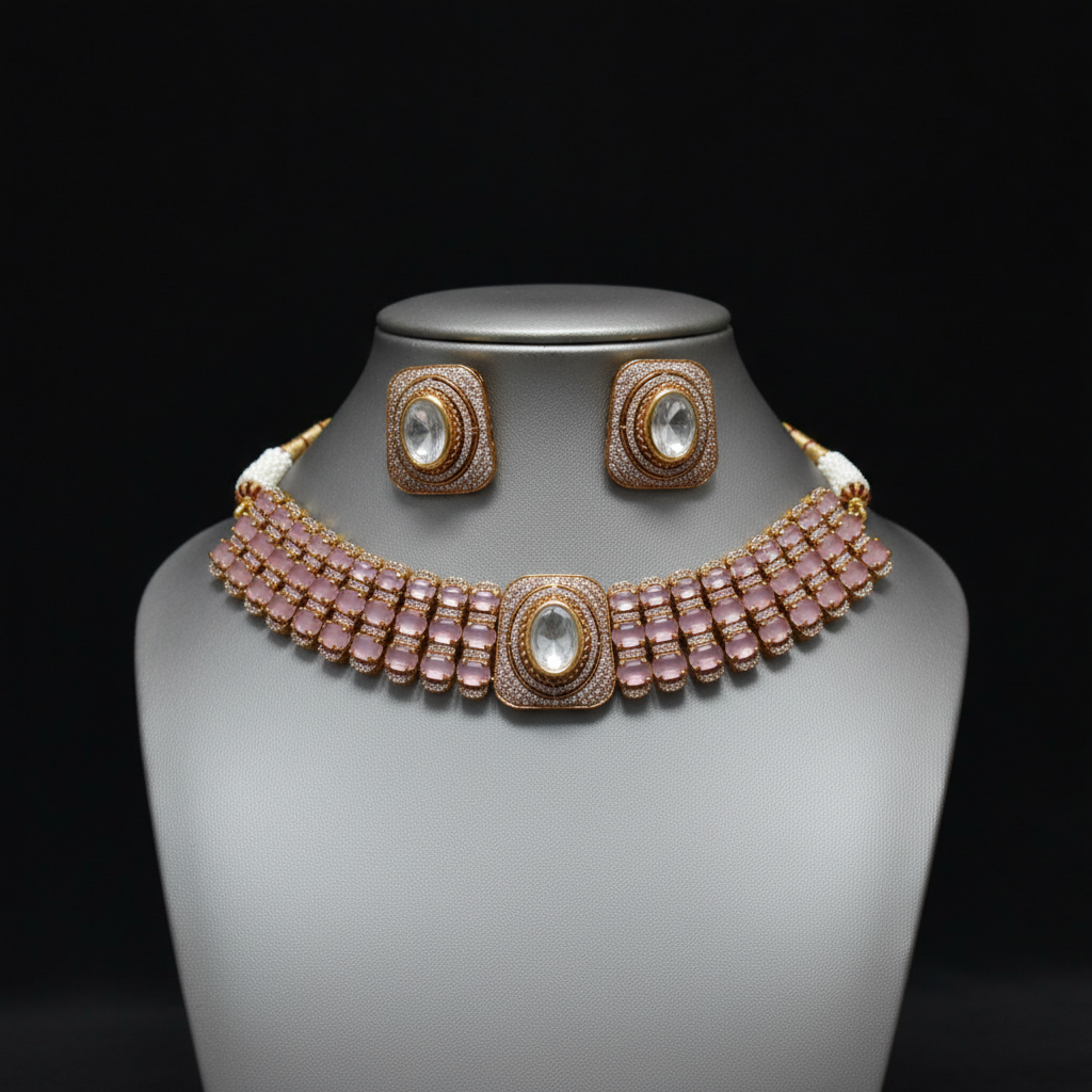 Elegant Pink Oval Gemstone Choker Necklace and Stud Earrings Set