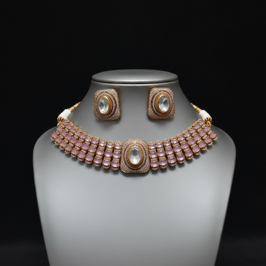 Elegant Pink Oval Gemstone Choker Necklace and Stud Earrings Set
