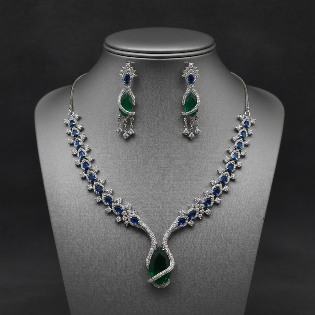 Exquisite Emerald and Sapphire Cubic Zirconia Necklace Set