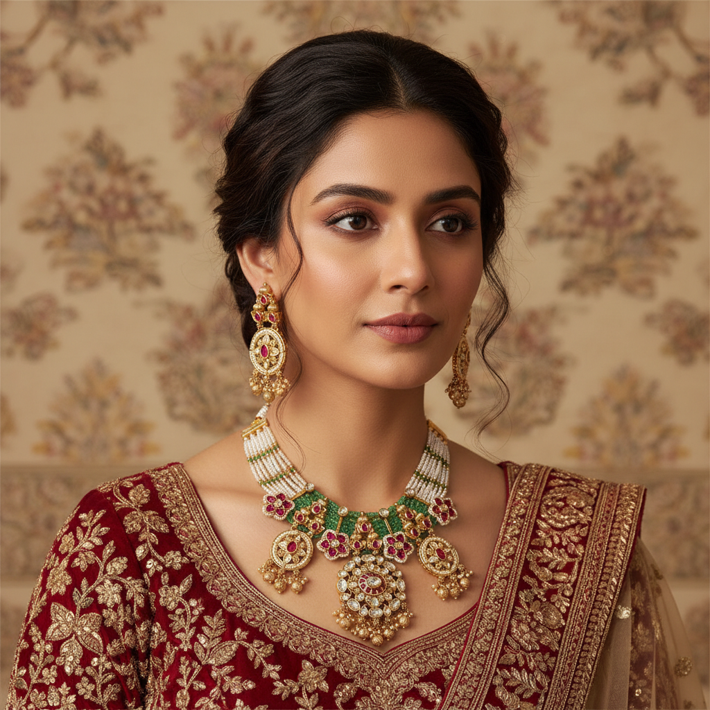 Kundan Choker Necklace Set | Pearl & Ruby Emerald Bridal Jewellery