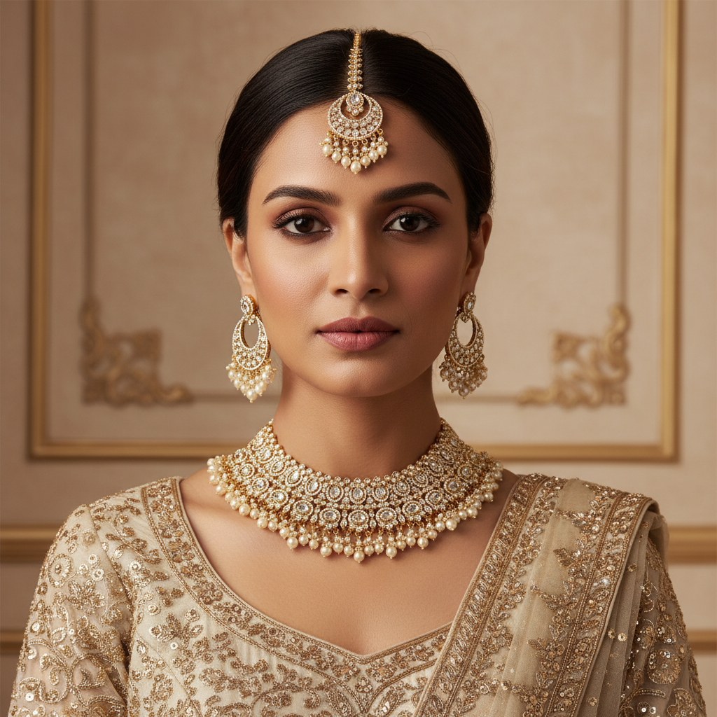 Exquisite Kundan Choker Necklace Set with Maang Tikka & Earrings