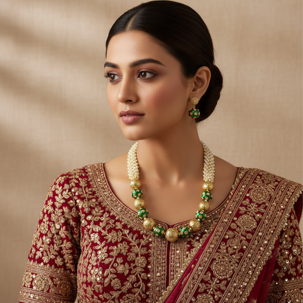 Elegant Green Enamel and Gold Pearl Haar Set