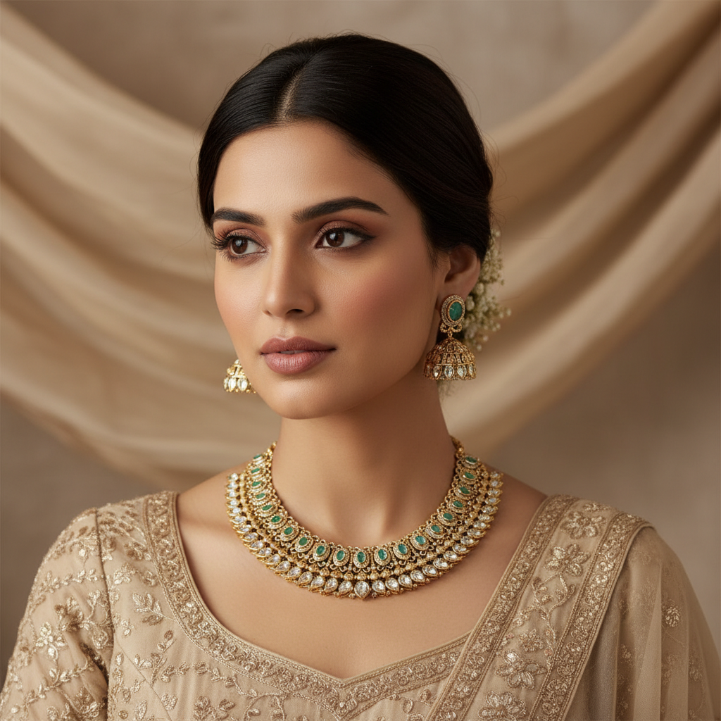 Elegant Mint Green Stone Kundan Necklace Set with Jhumka Earrings