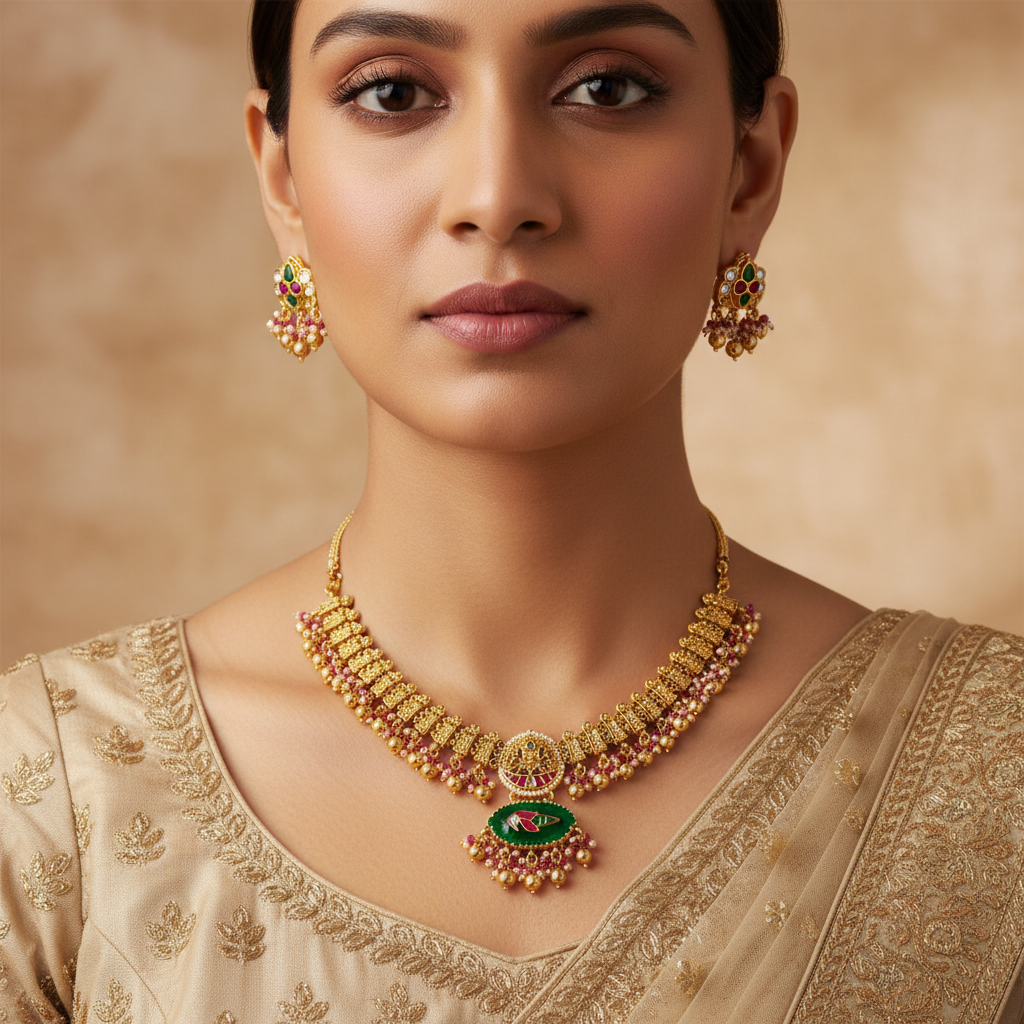 Traditional Gold-Plated Peacock Choker Necklace Set with Ruby and Emerald Accents