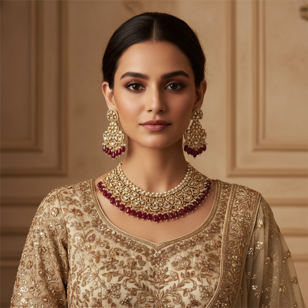 Exquisite Kundan & Ruby Red Polki Necklace Set