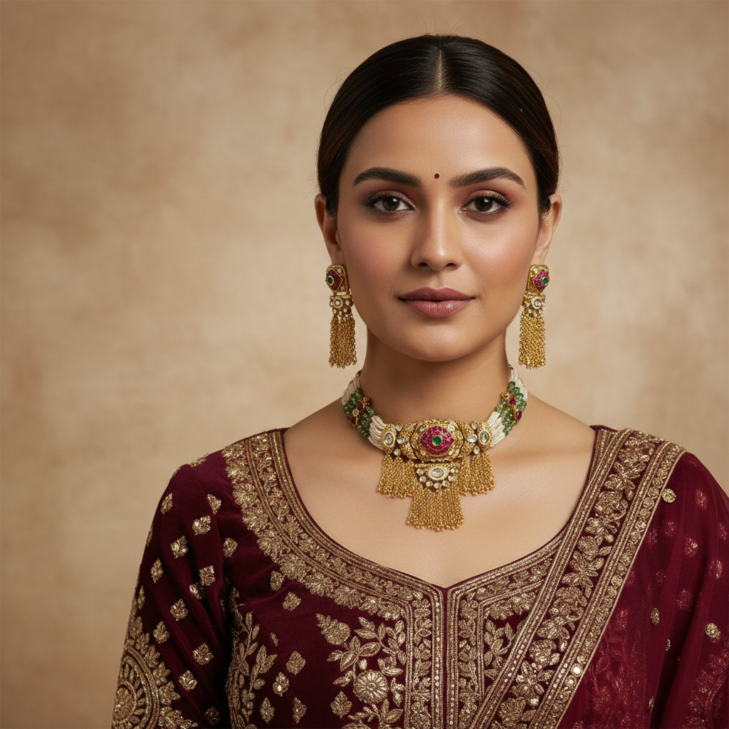 Kundan Choker Necklace Set with Green Beads and Gold Fringe