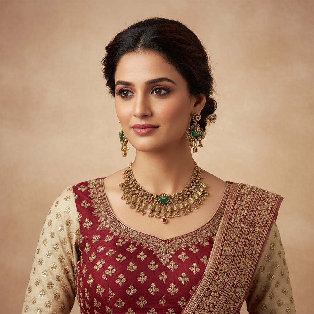Antique Gold-Plated Ruby and Green Stone Choker Set