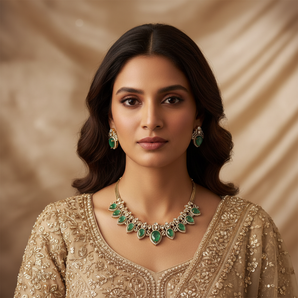 Elegant Mint Green Stone & Kundan Necklace Set with Matching Earrings