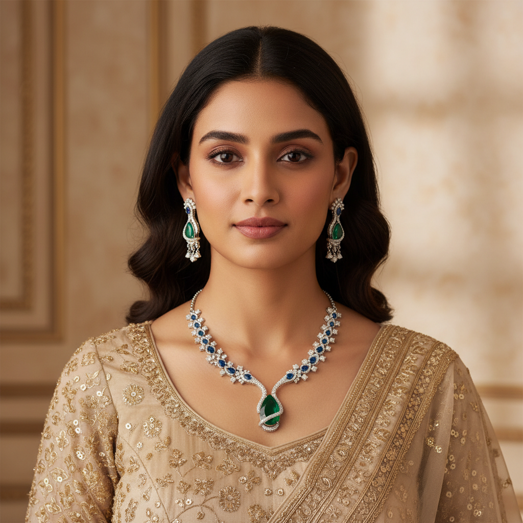 Exquisite Emerald and Sapphire Cubic Zirconia Necklace Set