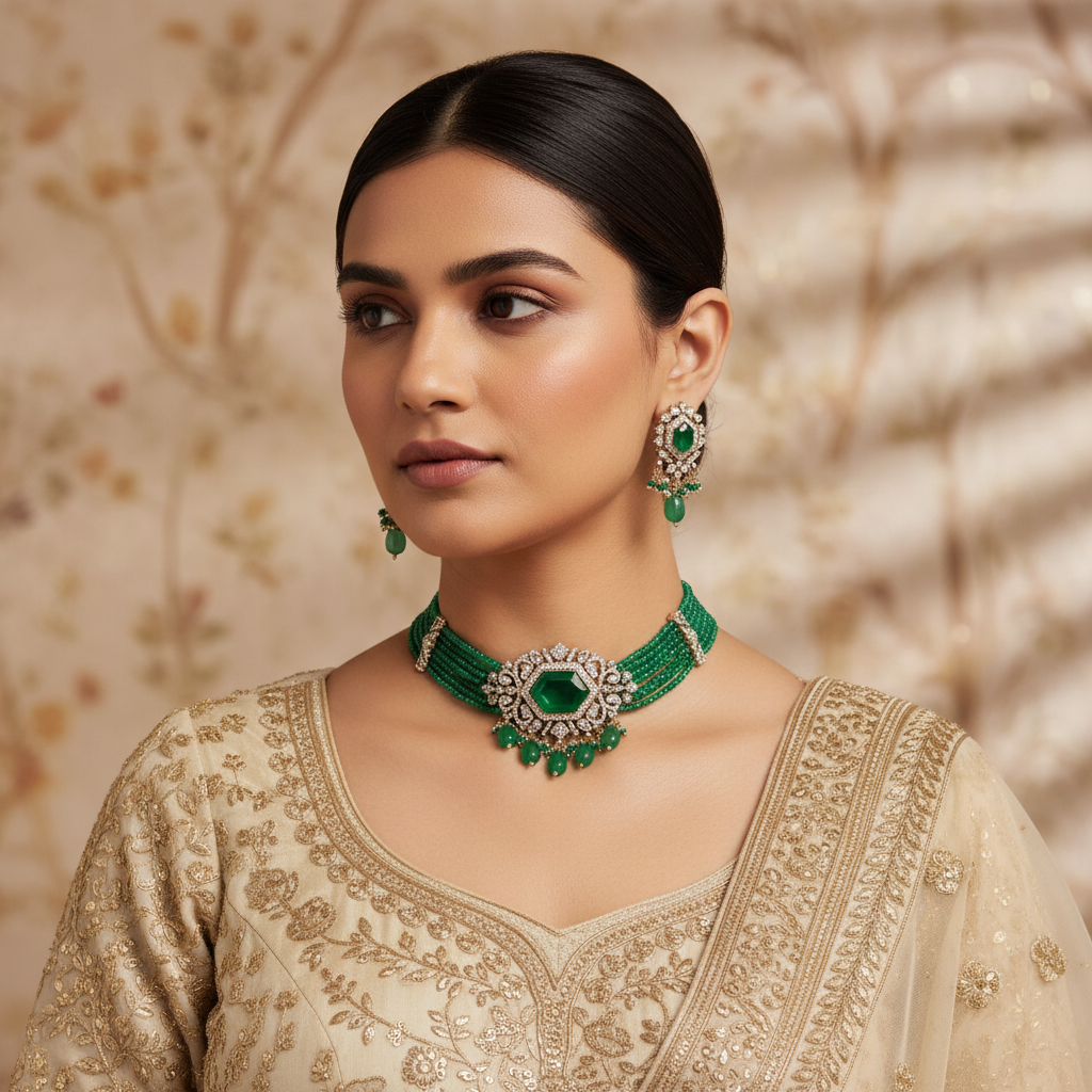 Elegant Emerald Green Multi-Strand Choker Jewellery Set with Stud Earrings