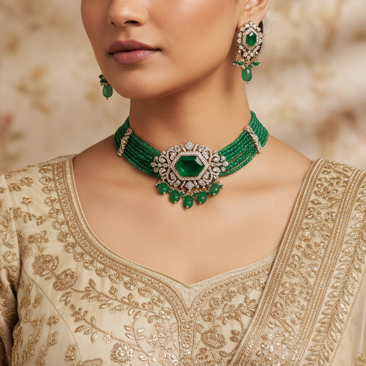Emerald Green Multi-Strand Choker Jewellery Set with Stud Earrings