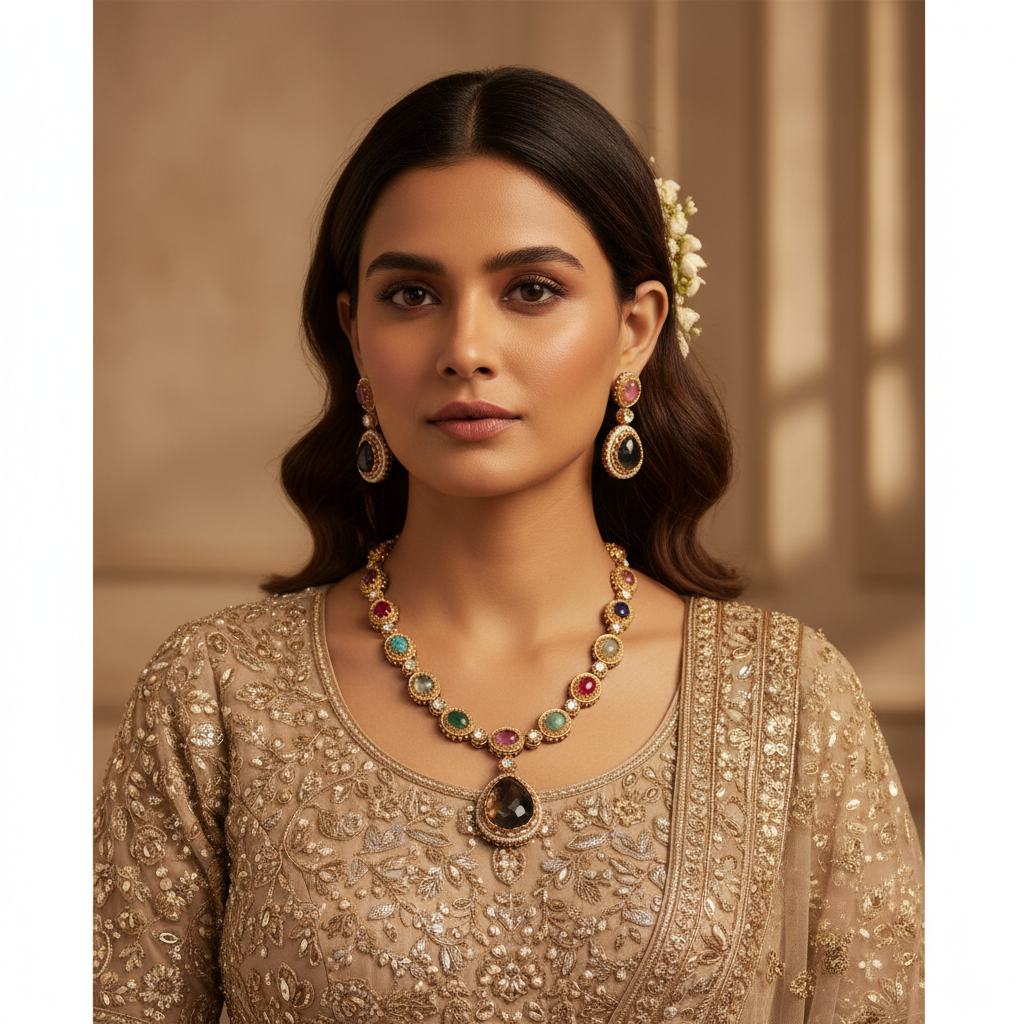 Elegant Multi-Gemstone Gold-Tone Necklace and Earrings Set
