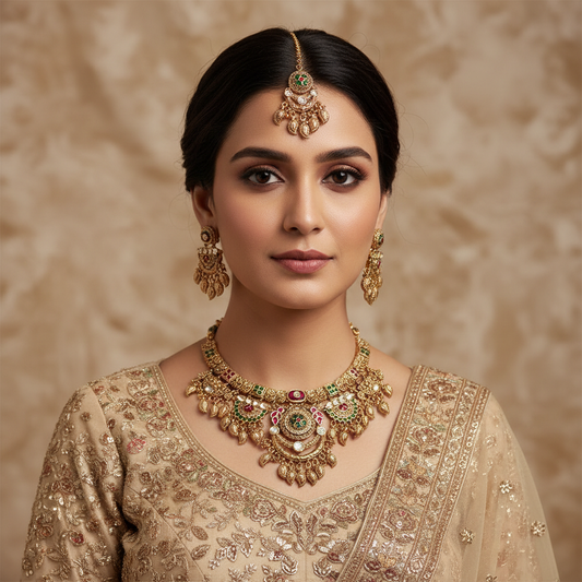 Heritage Gold Ruby Emerald Choker Set & Maang Tikka