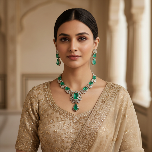 Emerald Green CZ Statement Necklace & Earrings Set - BeautiArt