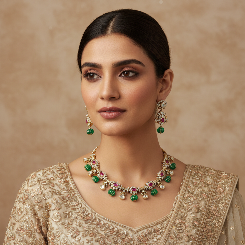 Indian Ruby Emerald Gold-Plated Necklace Set with Earrings