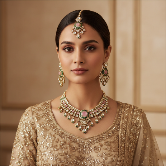 Elegant Kundan and Pearl Bridal Jewellery Set with Pink Accents