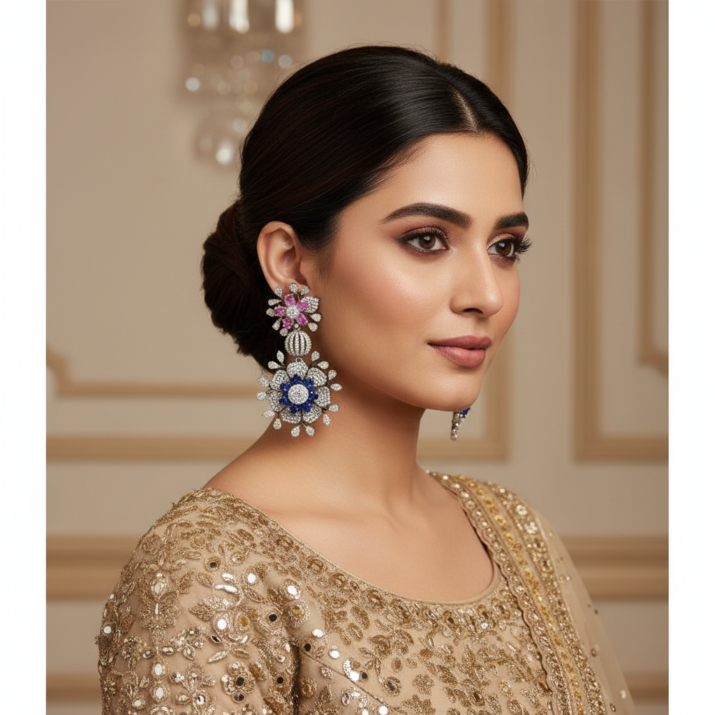 Elegant Multi-Color Sapphire and Diamond Floral Drop Earrings