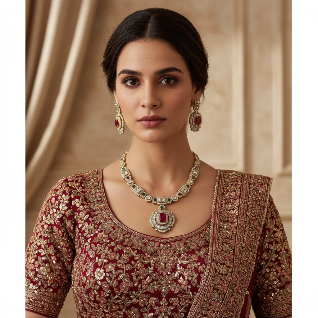 Elegant Gold-Plated Emerald Cut Ruby and Multi-Gemstone Necklace Set