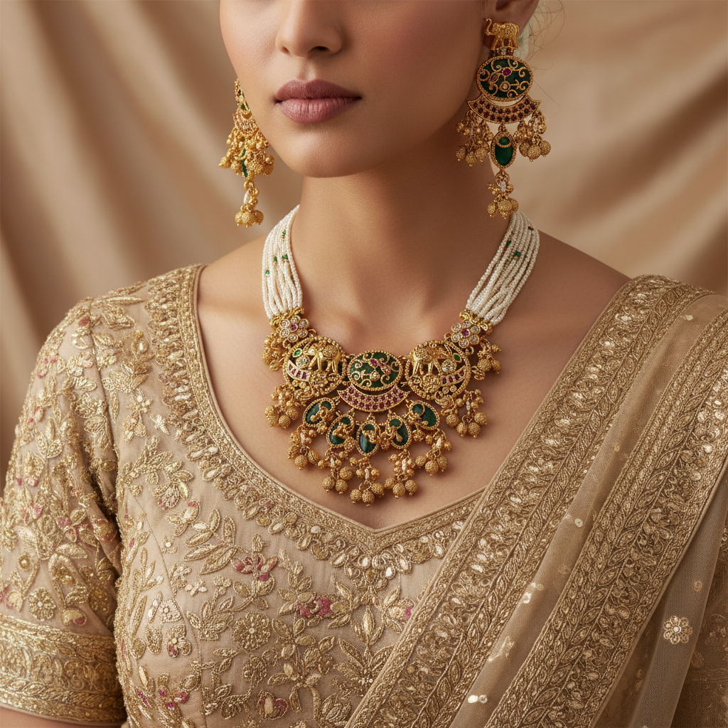 BeautiArt Antique Gold Temple Jewelry Set | Elephant & Pearl