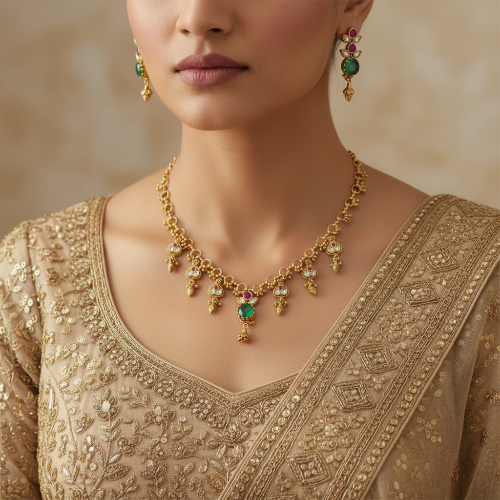 Elegant Gold-Plated Ruby and Emerald Kemp Necklace Set