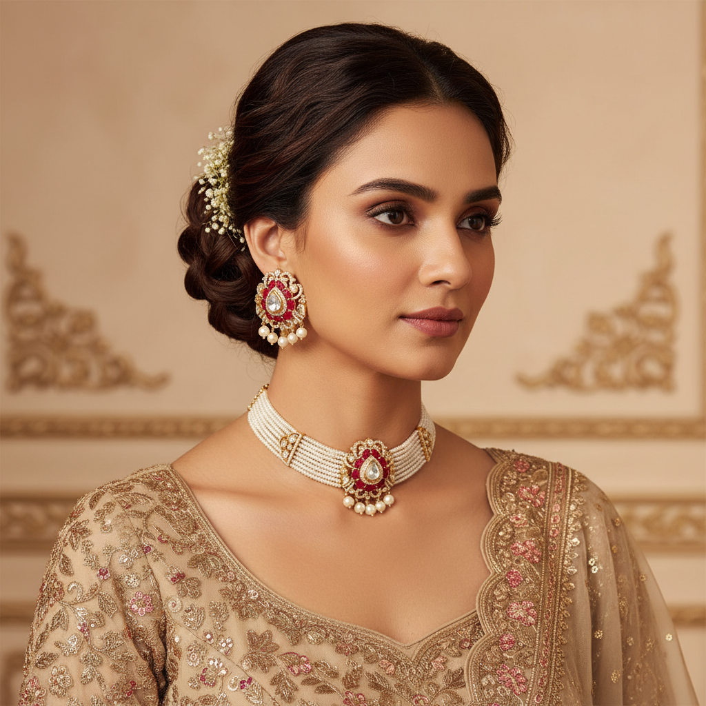Elegant Kundan and Ruby Choker Necklace Set with Pearl Beaded Strands