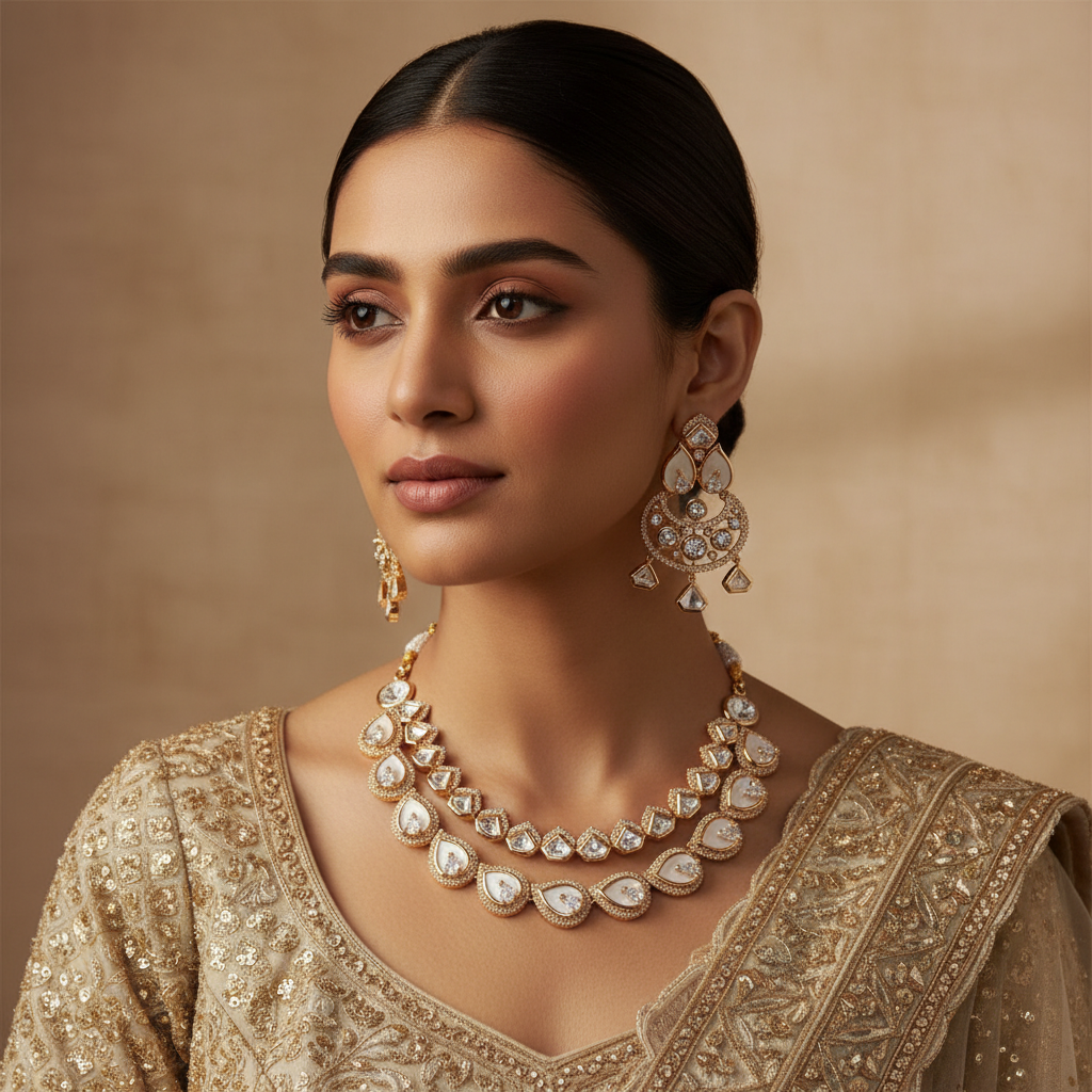 Exquisite White Polki Two-Layered Gold-Toned Necklace Set