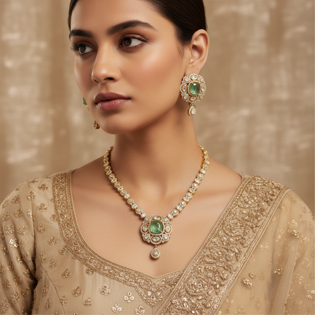 Emerald Green Cushion Cut Polki Necklace Set