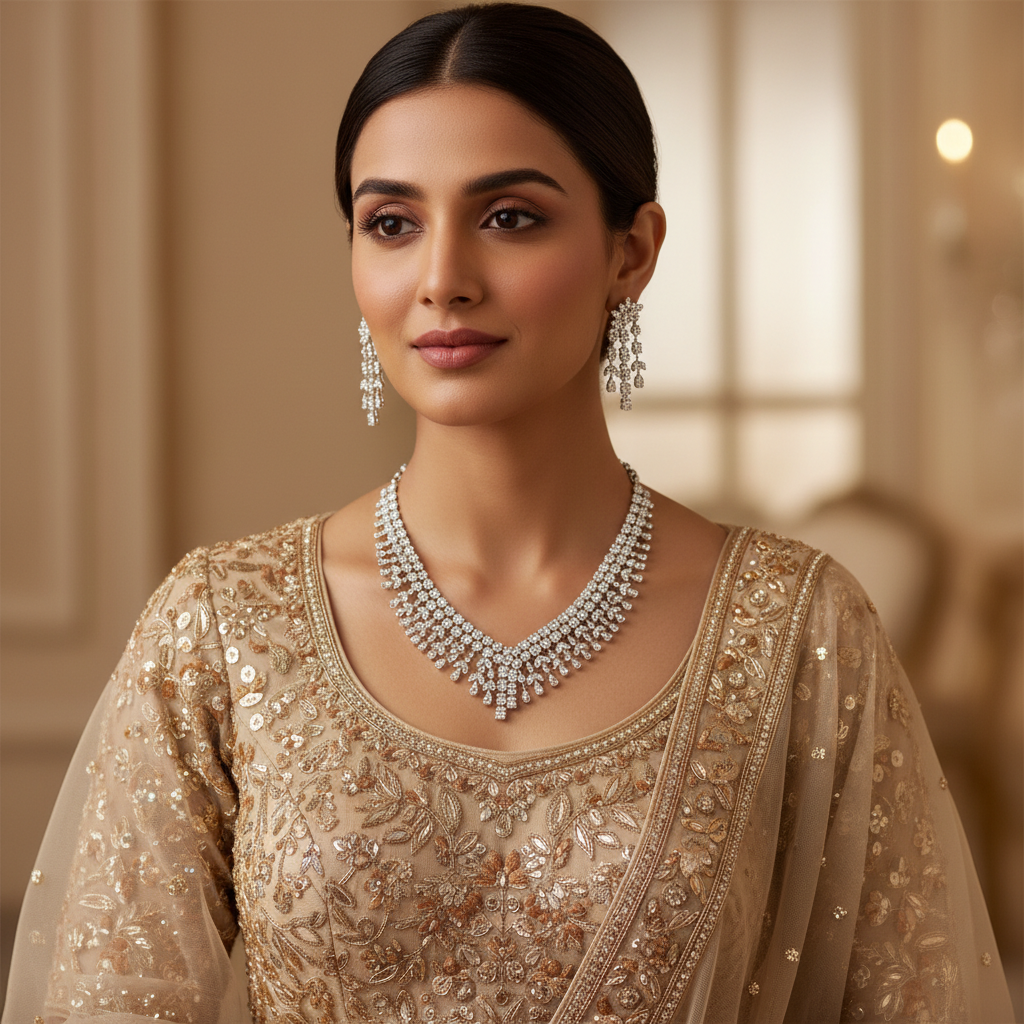 Sparkling Silver-Tone Crystal Statement Necklace and Earrings Set