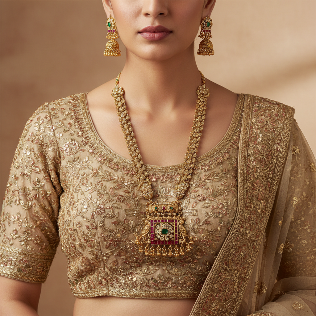 Gold-Plated Antique Ruby and Emerald Haram Necklace Set with Jhumkas