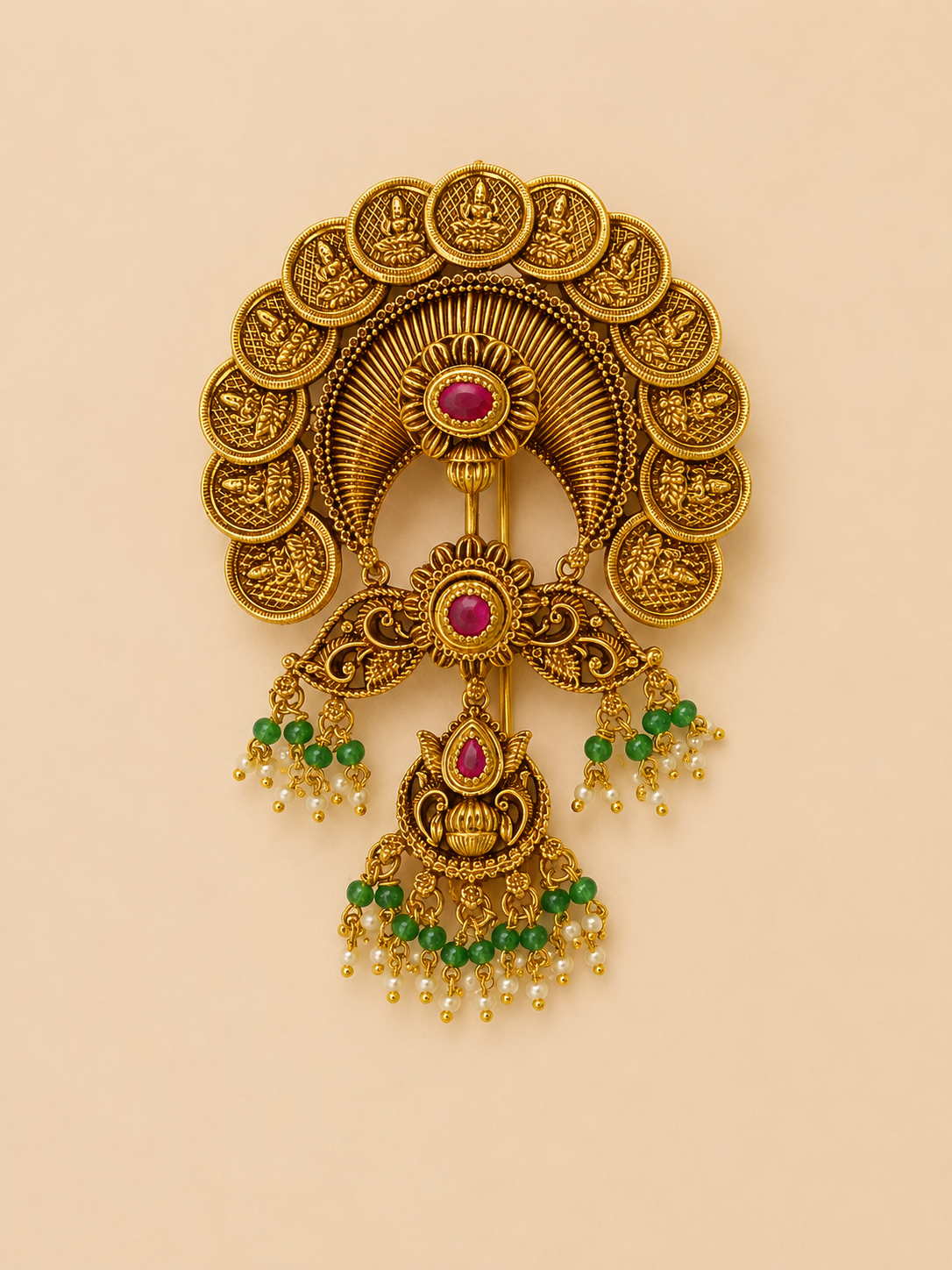 Antique Lakshmi Coin Hair Brooch with Ruby & Green Bead Danglers