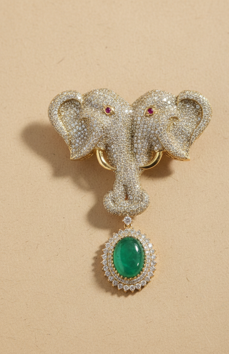 Royal Twin Elephant Emerald Statement Brooch