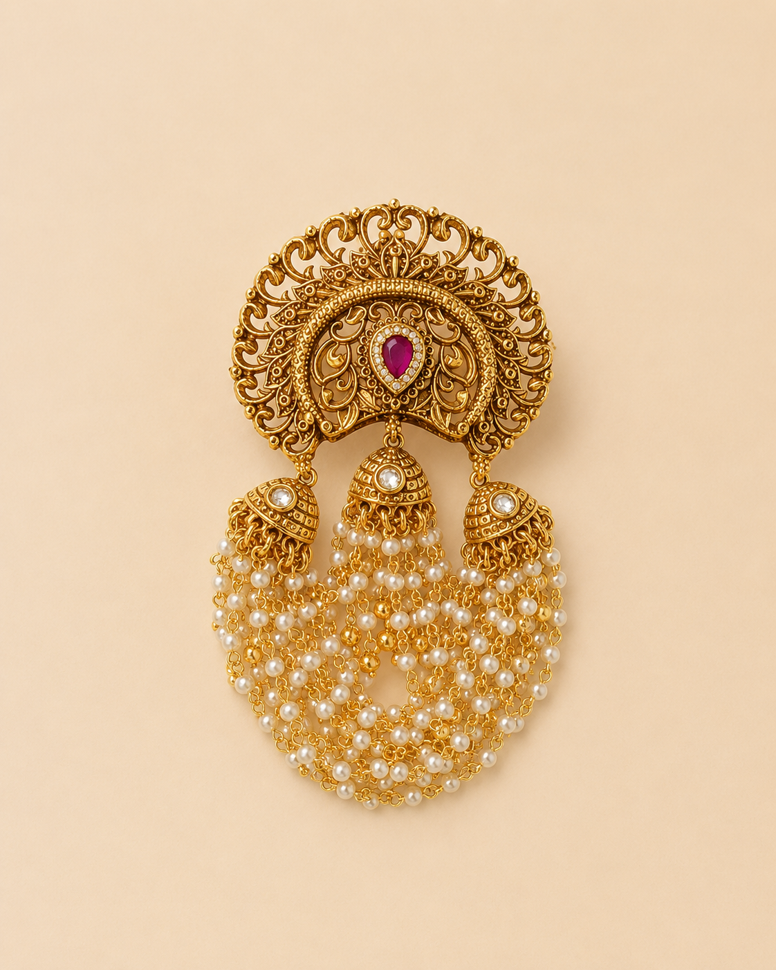 Antique Gold Pearl Hair Brooch with Jhumka Danglers