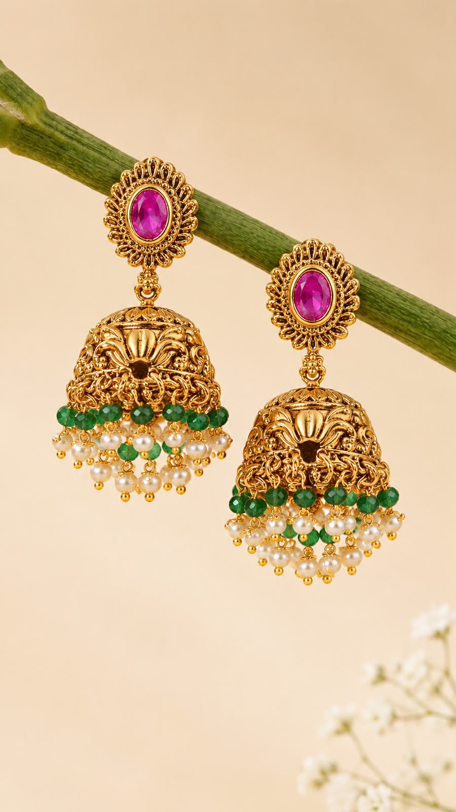 Emerald Green Jhumka Earrings with Ruby Stud & Pearl Drops