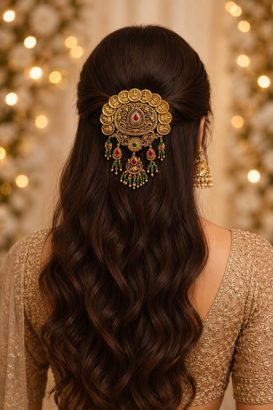 Antique Gold Lakshmi Coin Temple Hair Accessory with Ruby & Green Beads