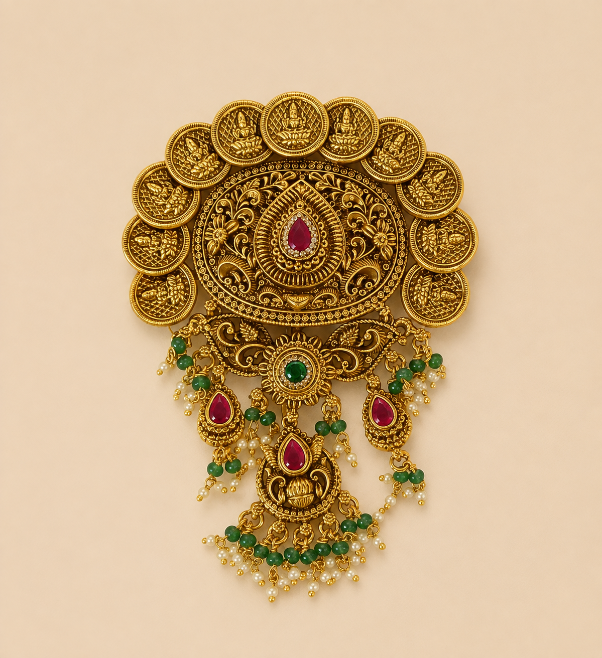 Antique Gold Lakshmi Coin Temple Hair Accessory with Ruby & Green Beads