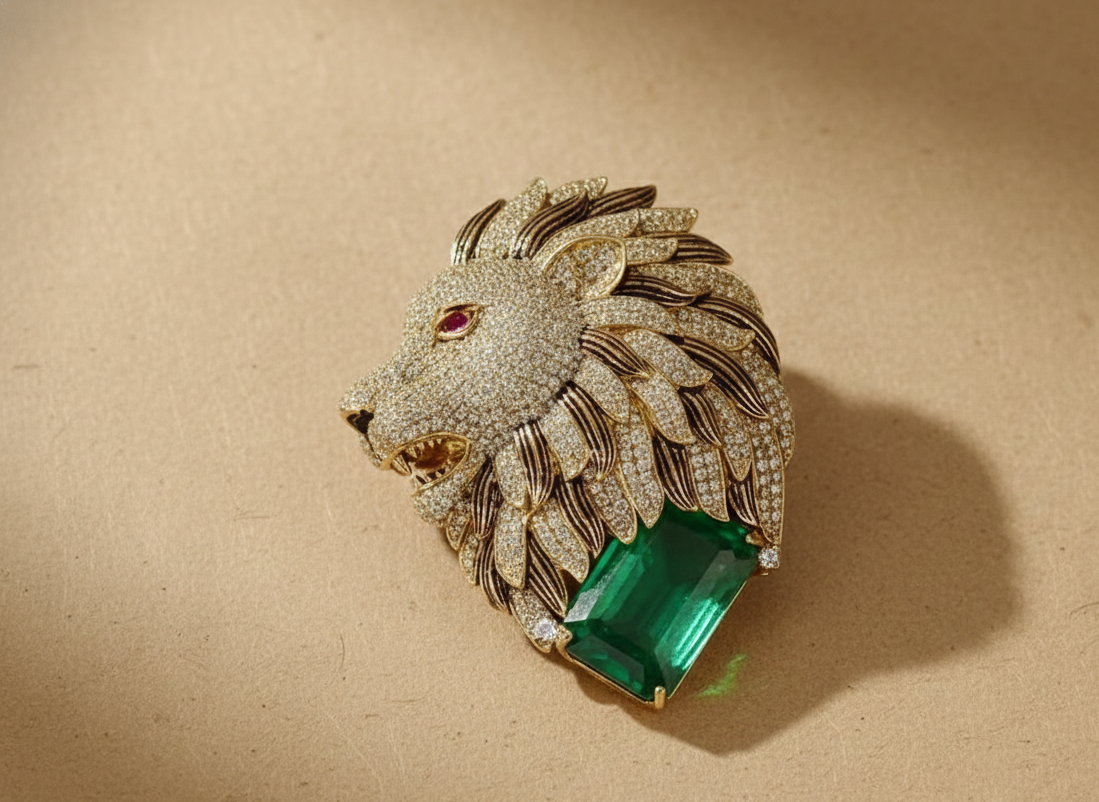 Green and White Lion Head Brooch