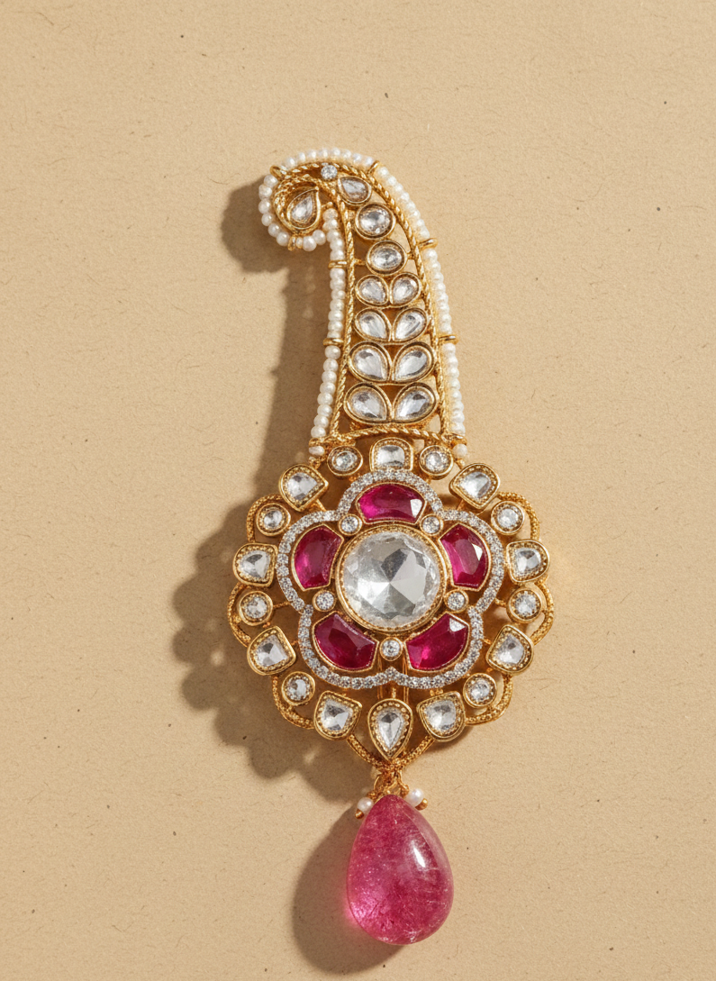 Royal Kundan & Ruby Pearl Drop Kalgi for Groom