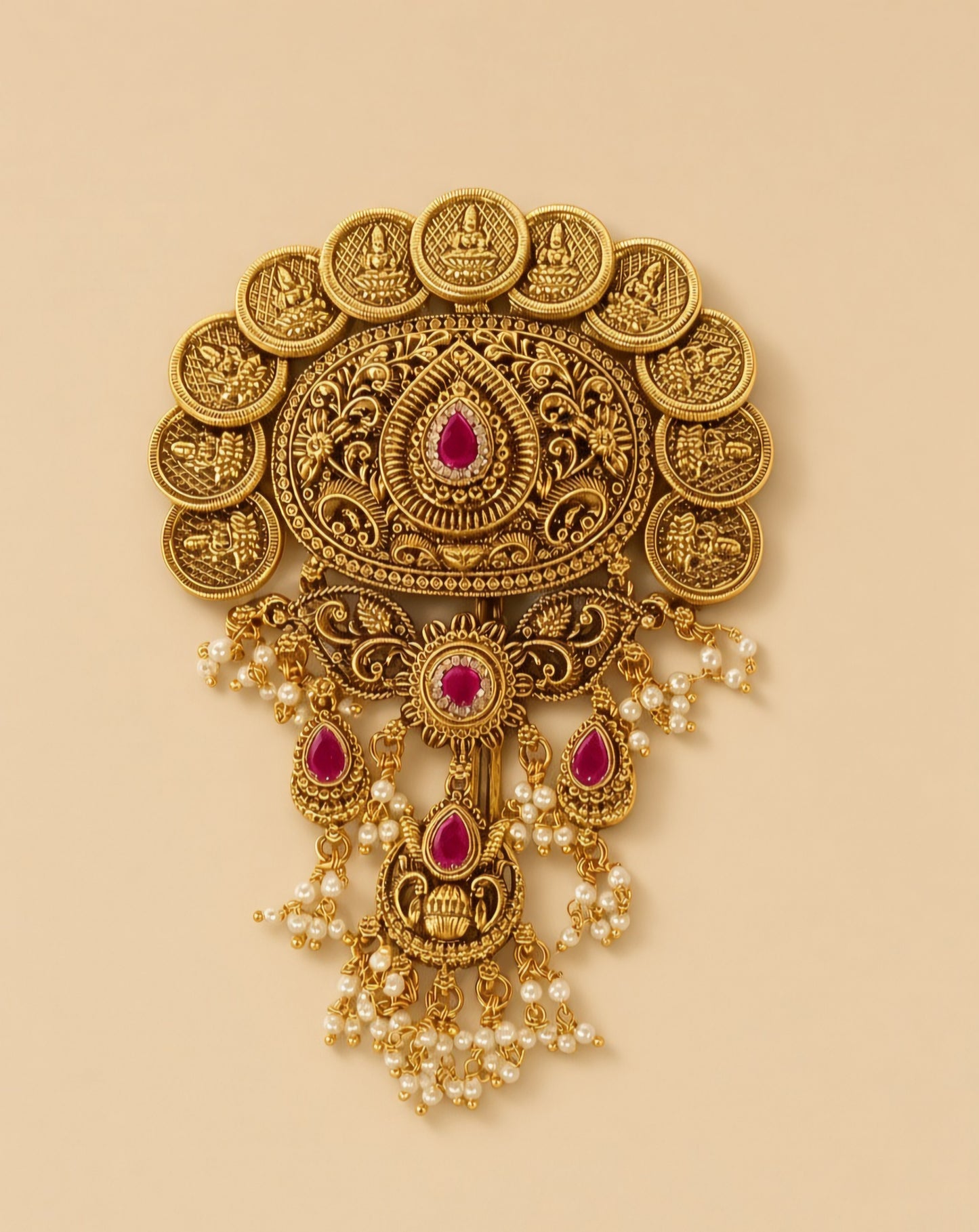 Antique Lakshmi Coin Hair Brooch with Ruby Stone & Pearl Danglers