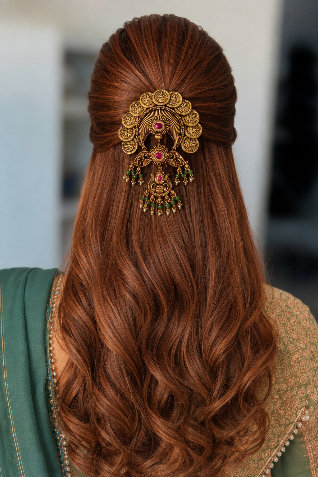 Antique Lakshmi Coin Hair Brooch with Ruby & Green Bead Danglers