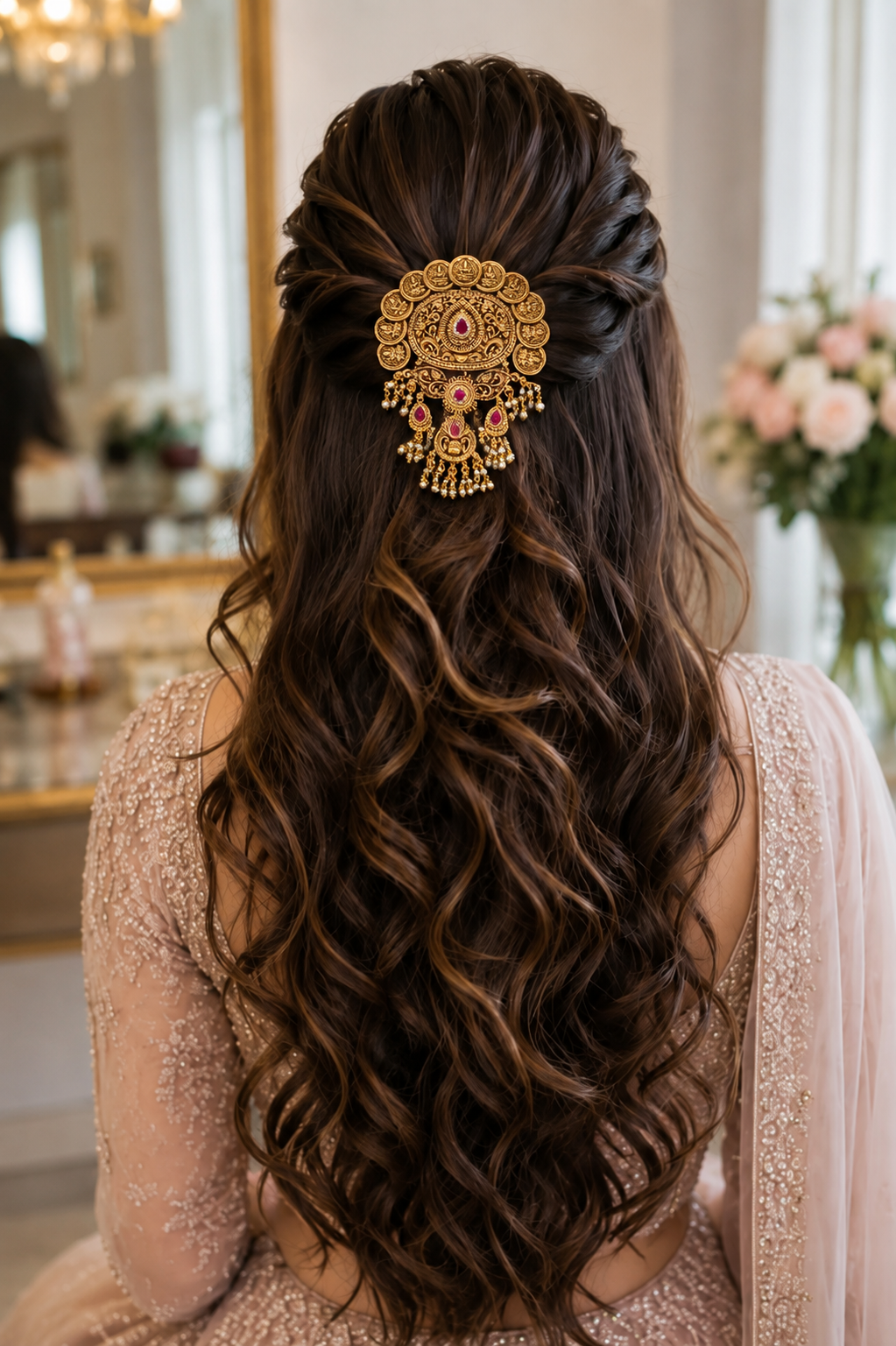 Antique Lakshmi Coin Hair Brooch with Ruby Stone & Pearl Danglers